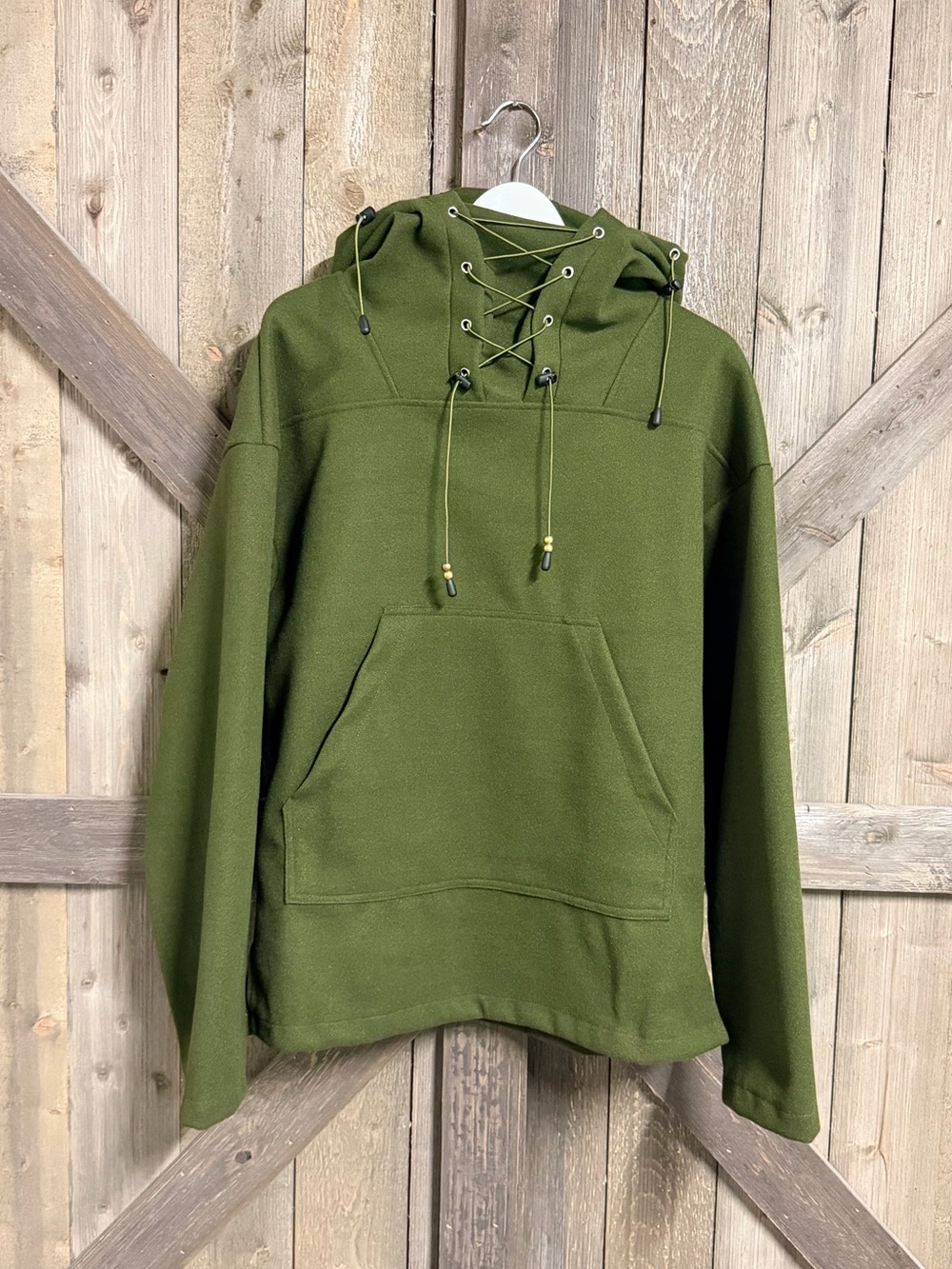MENS: Olive Green Lace-Up Hooded Pullover